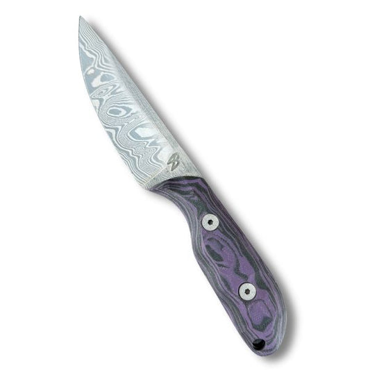 Custom Damascus Fixed Blade Knife - Purple/Black G10 Burl Handle