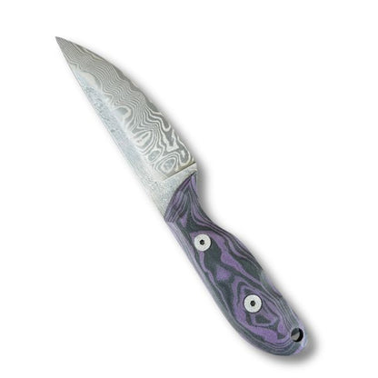 Custom Damascus Fixed Blade Knife - Purple/Black G10 Burl Handle